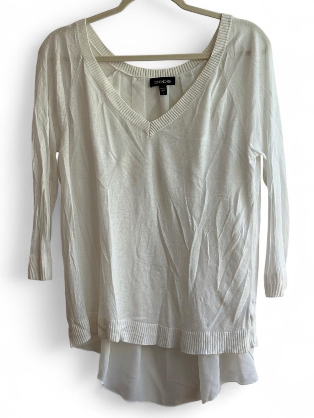 Bebe White Long Sleeve Lightweight Sweater Blouse Top with Sheer Back Size L